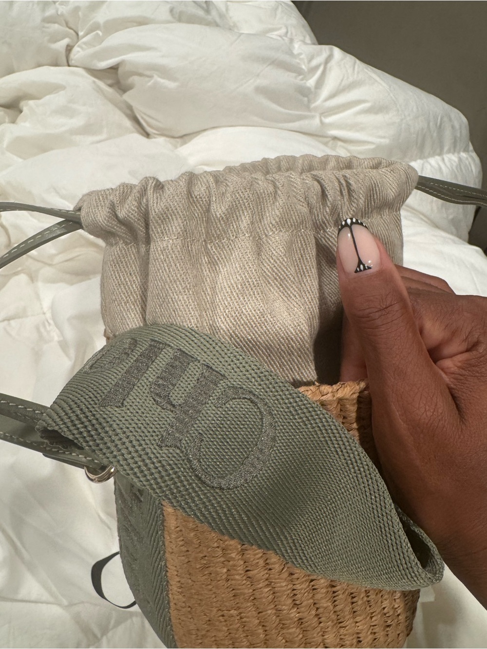 Chloe Olive and Natural Woven Drawstring Crossbody Bag